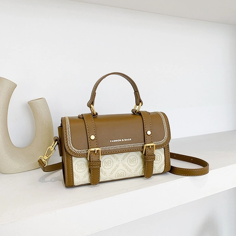 Women Vintage Patchwork Crossbody Bag Faux Leather Canvas Monogram Handbag Small Square Shoulder Bag With Top Handle