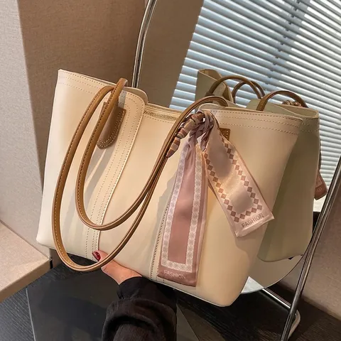 Borsa Tote in Pelle PU di Grande Capacità per Donna Borsa a Tracolla Semplice e Versatile Con Sciarpa di Raso Decorativa