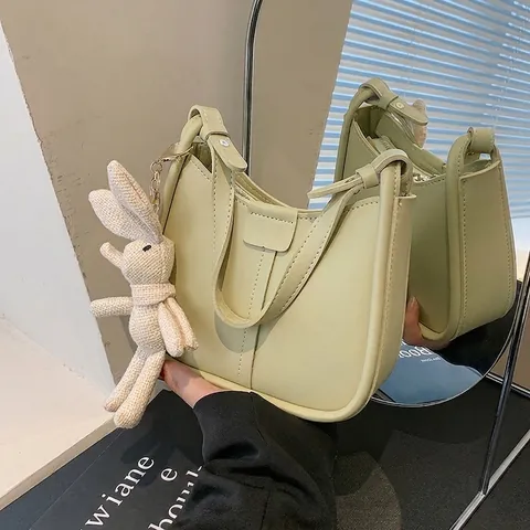 Borsa Sottobraccio in Pelle PU Trendy Donna Borsa a Spalla Minimalista a Mezzaluna Tracolla Versatile Con Ciondolo a Coniglio