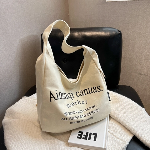 Large Capacity Canvas Tote Bag For Women Casual Shoulder Bag With Letter Print Street Trend Fashion School Shopping Hobo Handbag