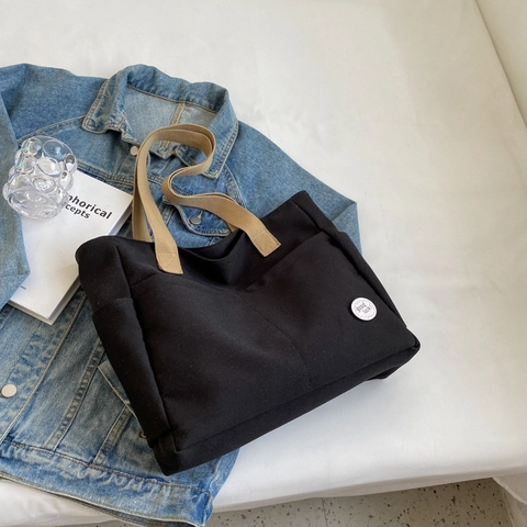 Women Large Capacity Canvas Tote Bag With Multi Pockets Casual Solid Color Shoulder Bag Contrast Handle Handbag Good Luck