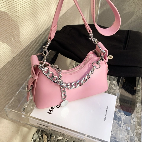 Bolso Hobo de Cuero PU de Moda Para Mujer Decoración Cadena Plata Bolso Bandolera Trendy Color Sólido Bolso Dumpling Accesorio Mujer