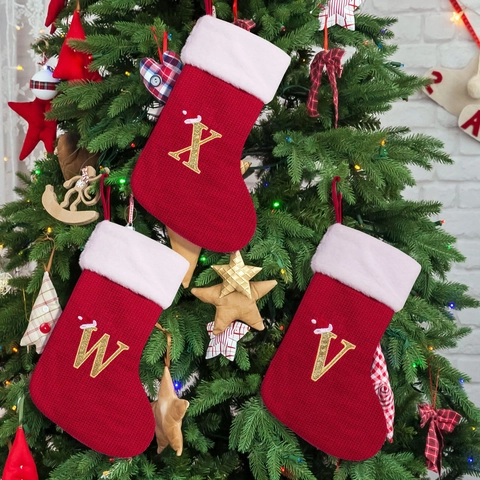 Red Knit Christmas Stocking With Faux Fur Trim Gold Glitter Alphabet Letter Personalized Hanging Xmas Decor Home Party