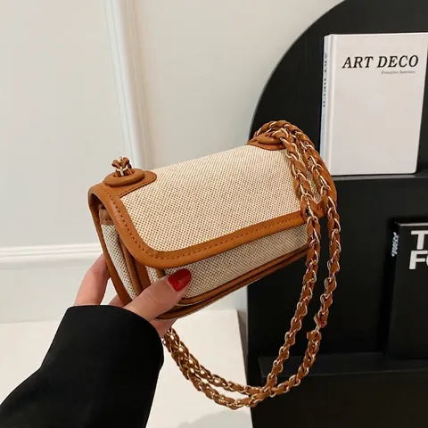Bolso Bandolera Retro de Lona y Cuero Sintético Patchwork para Mujer Bolso Cuadrado Pequeño Con Solapa y Correa de Cadena