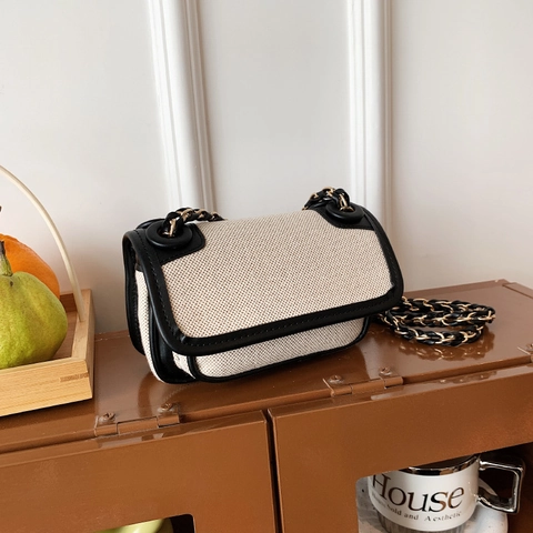 Bolso Bandolera Retro de Lona y Cuero Sintético Patchwork para Mujer Bolso Cuadrado Pequeño Con Solapa y Correa de Cadena