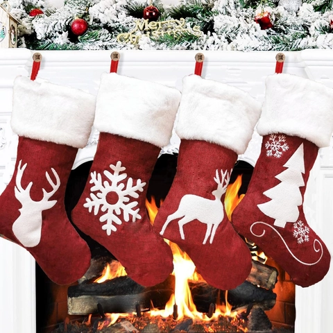 Red Christmas Stocking With White Faux Fur Trim Elk Snowflake Christmas Tree Pattern Festive Hanging Sock For Home Decor