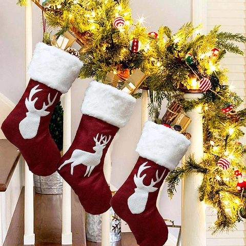 Red Christmas Stocking With White Faux Fur Trim Elk Snowflake Christmas Tree Pattern Festive Hanging Sock For Home Decor