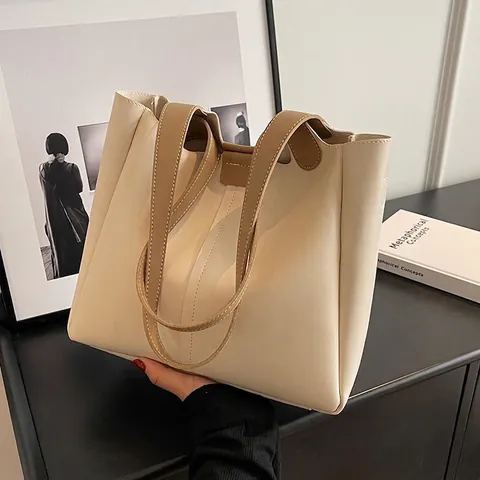 Women Large Capacity PU Leather Tote Bag Vintage Contrast Color Commute Shoulder Bag Minimalist Commuting Handbag For Daily Use