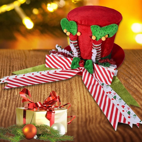 Puntale per Albero di Natale Cilindro Con Fiocco a Righe e Gambe da Elfo Nastro a Pois Verdi con Paillettes Decorazione