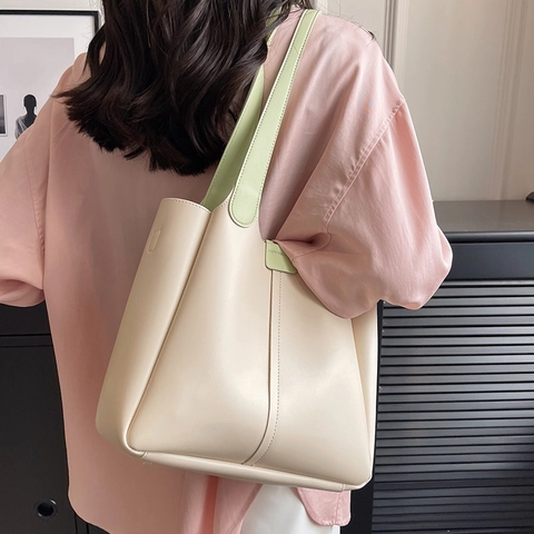Women Large Capacity PU Leather Tote Bag Vintage Contrast Color Commute Shoulder Bag Minimalist Commuting Handbag For Daily Use