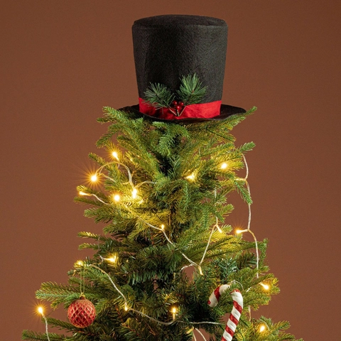Christmas Tree Topper Hat Black Felt Plaid Top Hat Decoration With Pine Needles Berries Pine Cones For Xmas Tree Party Home Decor
