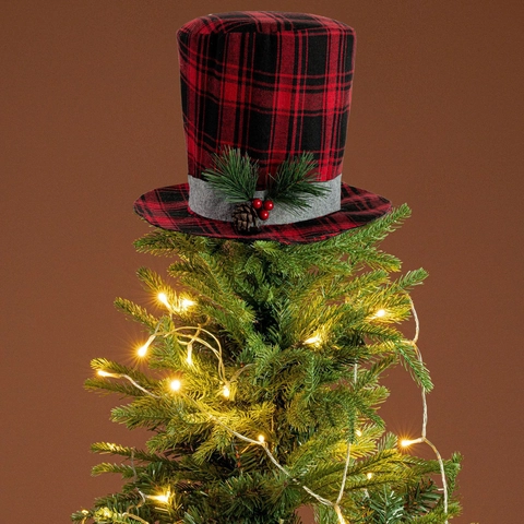 Christmas Tree Topper Hat Black Felt Plaid Top Hat Decoration With Pine Needles Berries Pine Cones For Xmas Tree Party Home Decor