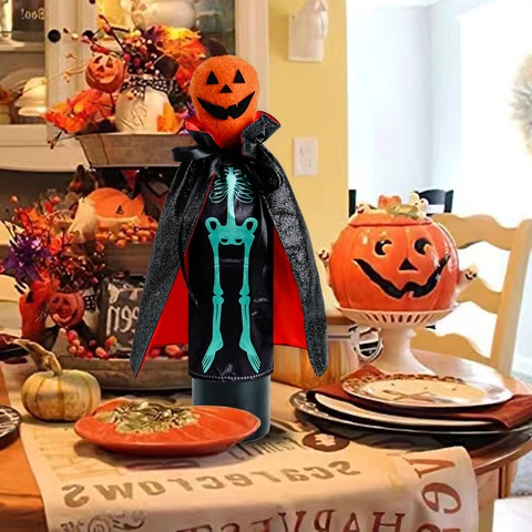 Copribottiglia di Halloween Decorazione Testa di Zucca Mantello di Scheletro per Tavolo da Pranzo Accessori Festa