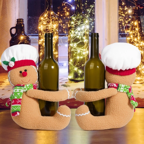 Christmas Gingerbread Man Wine Bottle Cover Plush Chef Hat Hugger Christmas Tree Decoration Bottle Sleeve For Holiday Party Home Decor