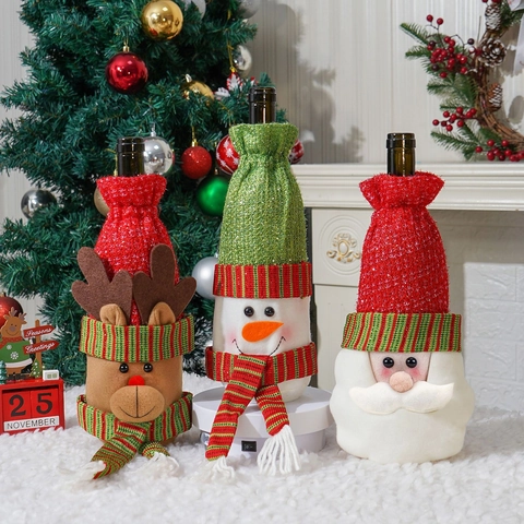 Knitted Christmas Wine Bottle Covers Santa Claus Snowman Reindeer Festive Holiday Party Dining Table Decor Wine Sleeve Gift