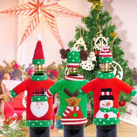 Festive Christmas Wine Bottle Cover Knitted Santa Snowman Reindeer Pattern Holiday Dining Table Decoration Party Home Decor