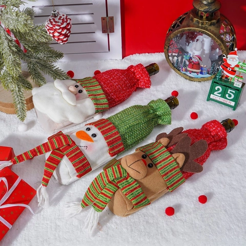 Knitted Christmas Wine Bottle Covers Santa Claus Snowman Reindeer Festive Holiday Party Dining Table Decor Wine Sleeve Gift