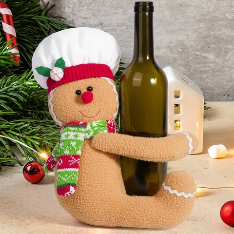 Christmas Gingerbread Man Wine Bottle Cover Plush Chef Hat Hugger Christmas Tree Decoration Bottle Sleeve For Holiday Party Home Decor
