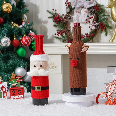 Housses de Bouteille de Vin en Acrylique Tricotées Père Noël Cerf Décoration de Table de Fête de Noël Ornement de Maison