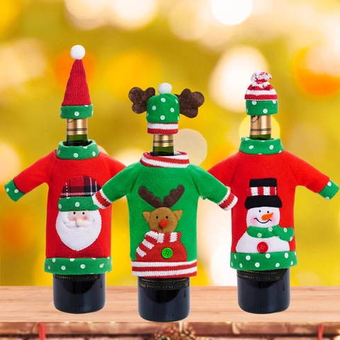 Festive Christmas Wine Bottle Cover Knitted Santa Snowman Reindeer Pattern Holiday Dining Table Decoration Party Home Decor