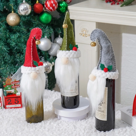 Weihnachten Gnom Weinflaschenhülle Dekoration Filz Zwerg Mit Langem Bart Glocke Für Feiertag Party Haus Tisch Dekoration