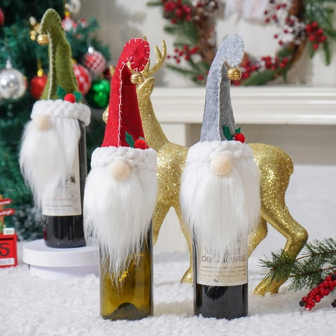 Weihnachten Gnom Weinflaschenhülle Dekoration Filz Zwerg Mit Langem Bart Glocke Für Feiertag Party Haus Tisch Dekoration
