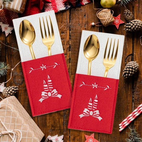 Kerst Vilt Besteckhouder Rood Wit Enveloppe Zak Decoratieve Servies Tas Met Borduurwerk Voor Feest Tafel Decor