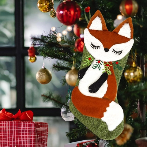 3D Pluche Vos Kerstsok Groen Imitatie Jute Hangende Decoratie Voor Open Haard Feestdagen Party Decor Grote Cadeauzak