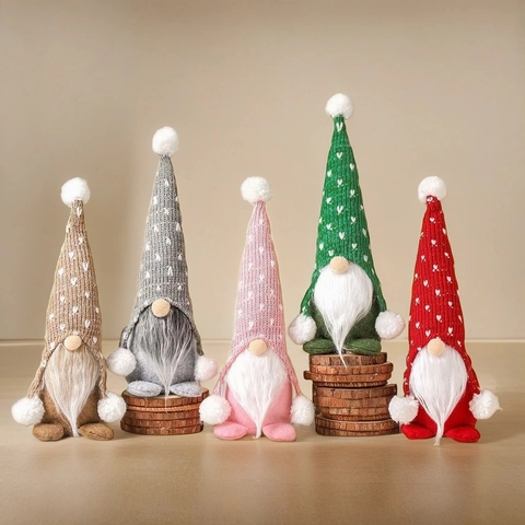 Christmas Gnome Ornaments Knitted Heart Pattern Tomte Long Beard Scandinavian Gonk For Home Table Decor Xmas Party Gift
