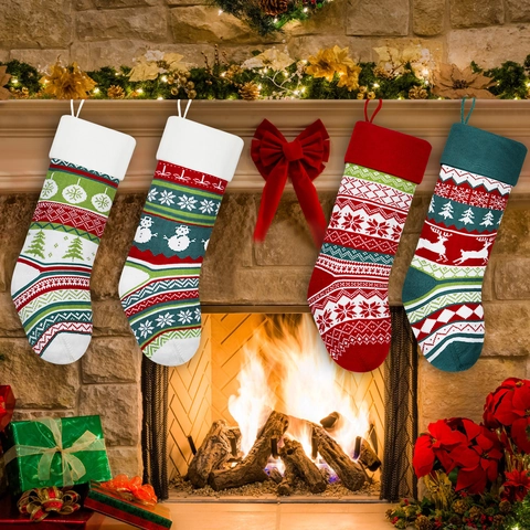 Knitted Christmas Stockings Reindeer Snowman Snowflake Pattern Acrylic Xmas Decorative Socks For Fireplace Home Holiday Decor