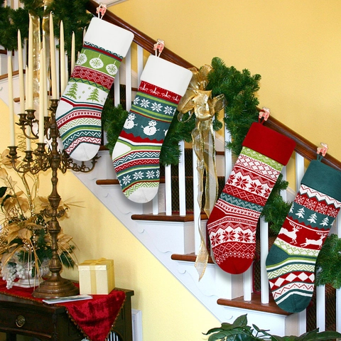 Knitted Christmas Stockings Reindeer Snowman Snowflake Pattern Acrylic Xmas Decorative Socks For Fireplace Home Holiday Decor