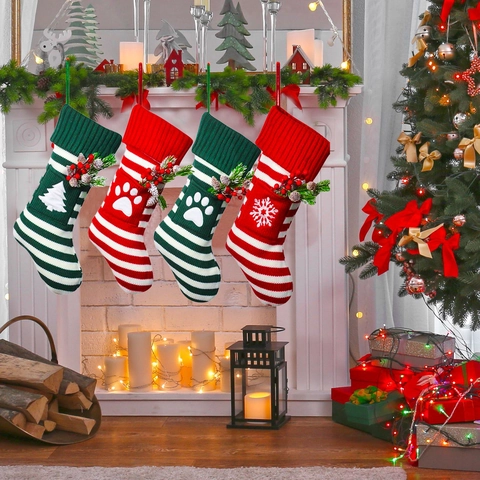 Christmas Stockings Knitted Striped Hanging Gift Bags Fireplace Decor With Snowflake Elk And Paw Print Patterns