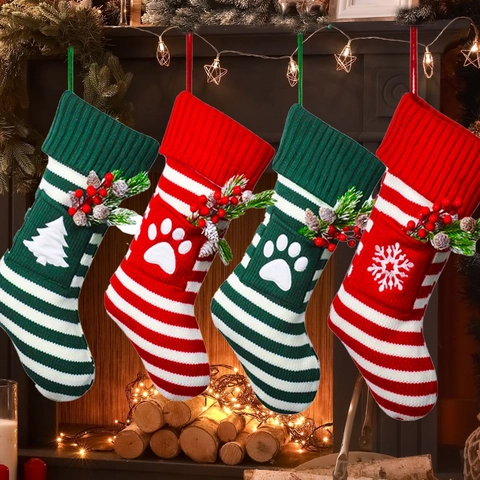 Christmas Stockings Knitted Striped Hanging Gift Bags Fireplace Decor With Snowflake Elk And Paw Print Patterns