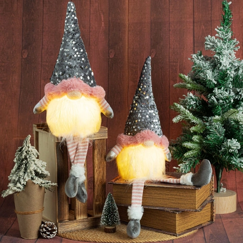 LED Glow Kerstkabouter Pluche Ornament Pailletten Hoed Lange Gestreepte Benen Roze Rudolf Feestelijke Huisdecoratie