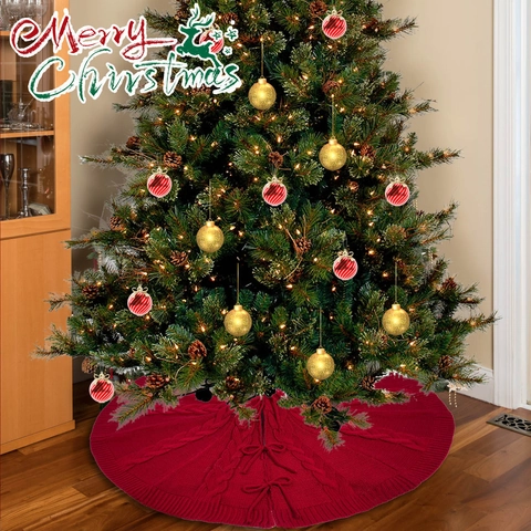 Red Knitted Christmas Tree Skirt Cable Knit Acrylic Tree Base Cover Mat With Bow Ties For Xmas Holiday Home Party Decor
