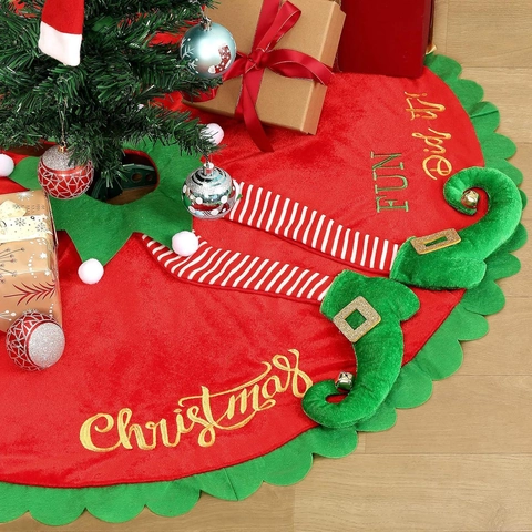 Gonna per Albero di Natale Rossa e Verde Con Gambe di Elfo 3D Campanellini Decorazione in Velluto per Festa di Natale