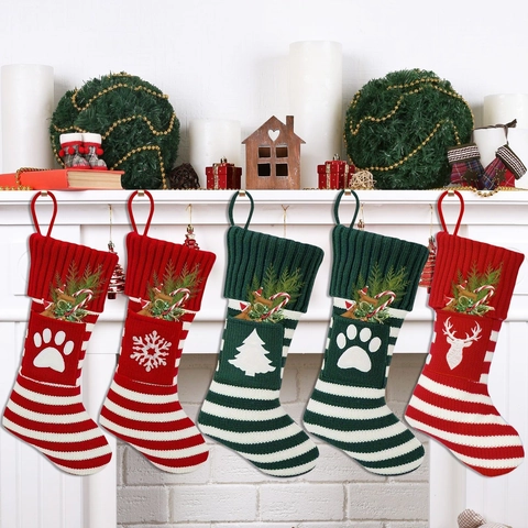 Feestelijke Gebreide Kerstsok Rood Groen Wit Gestreepte Rendier Sneeuwvlok Poot Boom Patroon Vakantie Decoratie Cadeauzak