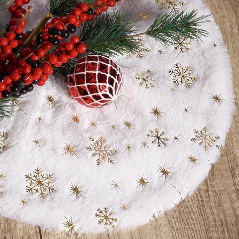 Faux Fur Christmas Tree Skirt White Plush With Gold Silver Sequin Snowflakes For Home Holiday Party Decoration