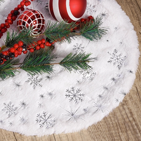 Faux Fur Christmas Tree Skirt White Plush With Gold Silver Sequin Snowflakes For Home Holiday Party Decoration