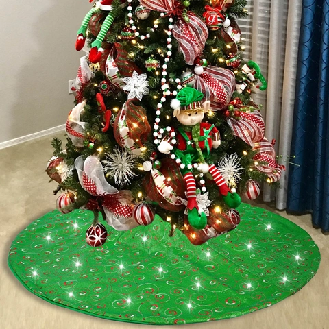 Luxe Kerstboomrok Groen Polyester Met Rood Wervel Borduurwerk En Pailletten Grote Ronde Basis Decoratie Voor Kerst Thuis