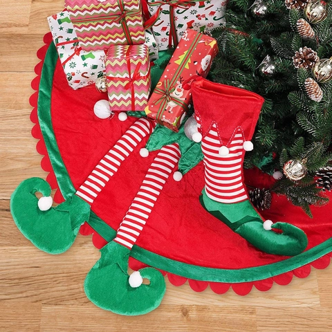 Elf Benen Kerstboom Rok Rood Groen Wit Gestreepte Golvende Rand Polyester Pluche Boom Basis Cover Decoratie Voor Kerstmis Vakantie Huis