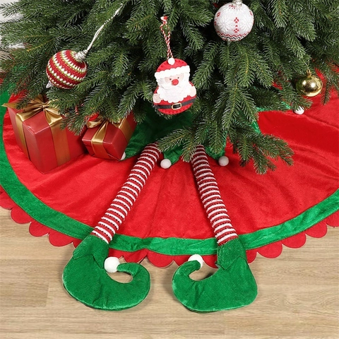 Elf Benen Kerstboom Rok Rood Groen Wit Gestreepte Golvende Rand Polyester Pluche Boom Basis Cover Decoratie Voor Kerstmis Vakantie Huis