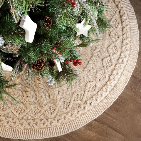 Gonna per Albero di Natale in Maglia Bianco Crema Copertura Base Con Bottoni in Legno Decorazione Festiva Nordica Rustica