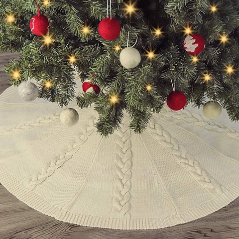 Zopfstrick Weihnachtsbaumdecke Rund Cremeweiß Dick Feiertag Home Decor Baummatte Ornament Mit Schleifenbändern