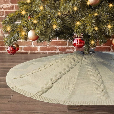 Zopfstrick Weihnachtsbaumdecke Rund Cremeweiß Dick Feiertag Home Decor Baummatte Ornament Mit Schleifenbändern