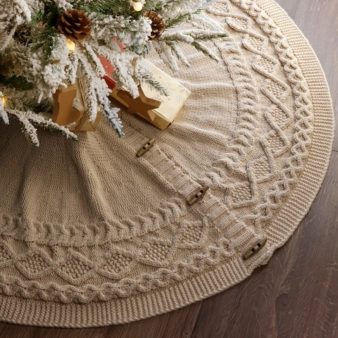 Gonna per Albero di Natale in Maglia Bianco Crema Copertura Base Con Bottoni in Legno Decorazione Festiva Nordica Rustica