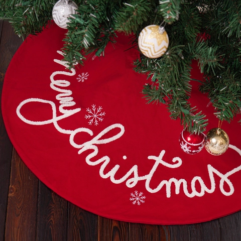 Christmas Tree Skirt Red Polyester Round With Merry Christmas Letters And Snowflake Patterns Holiday Home Party Decoration