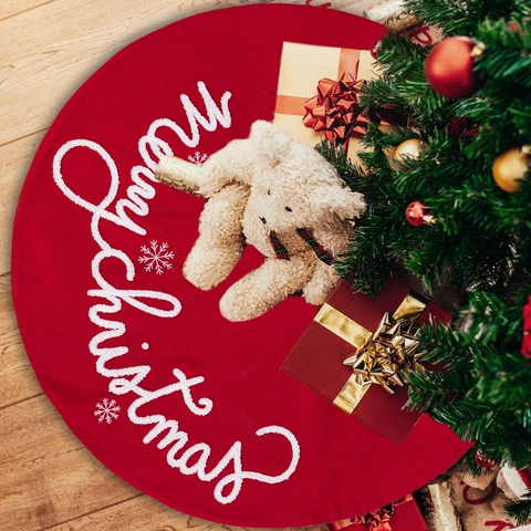 Christmas Tree Skirt Red Polyester Round With Merry Christmas Letters And Snowflake Patterns Holiday Home Party Decoration