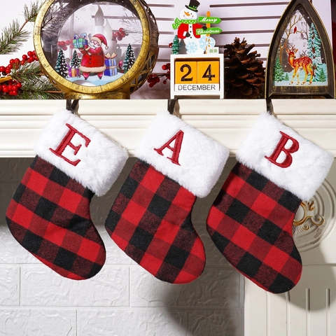 Christmas Stocking Buffalo Plaid Fabric With Faux Fur Trim Red Letter Embroidery Hanging Xmas Decoration For Home Gift Bag