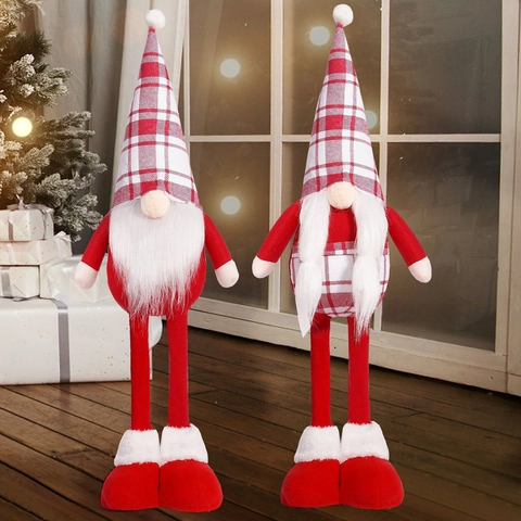 Gnome De Noël À Longues Jambes Tomte Scandinave Peluche Chapeau À Carreaux Rouge Blanc Poupée Debout Pour Décoration De Maison